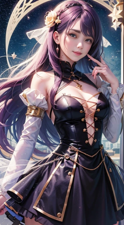 highest quality, 8K, don't miss the finger, 1 girl, bodice, colorful dresses, purple hair, flowing hair, starry sky background, smile, Kuda, alone,