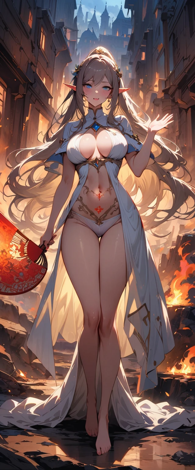 top quality, masterpiece, ultra high definition, Beautiful priestess, Hand waving red fan, fan on fire, Belly button tattoo,blue eyes, looking at the audience, lol,long hair, lips, elf ears, Put your hand into your underwear,White clothes are very transparent, breasts and can be seen,Feather cape,hair accessories,earrings, Slim, ponytail,barefoot,outdoor,Burning battlefield background