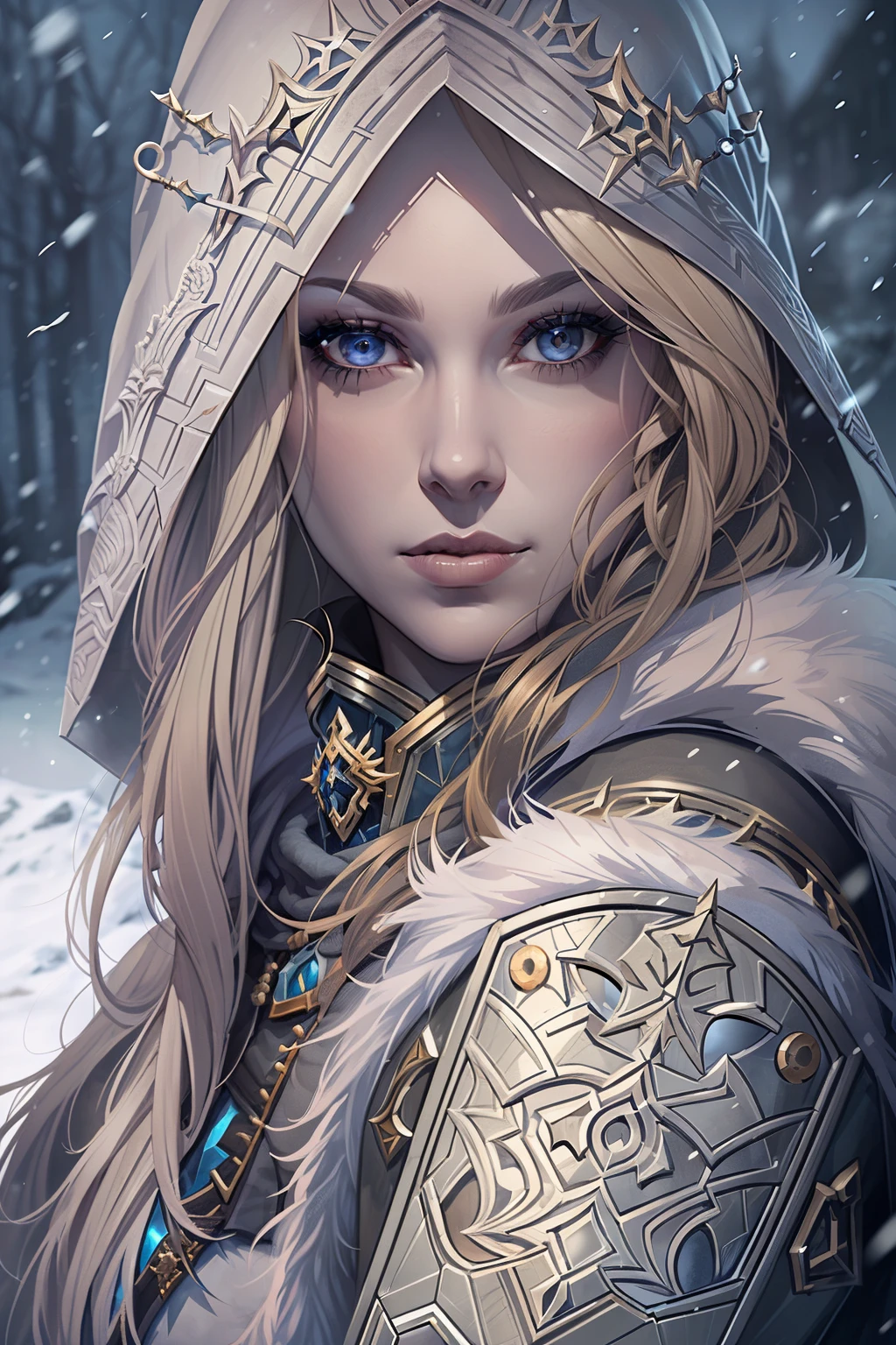 (face portrait, grimdark fantasy, warhammer universe) human woman, 30 years old, dark blonde hair, grey eyes, arystocrate, pale skin, winter outfit