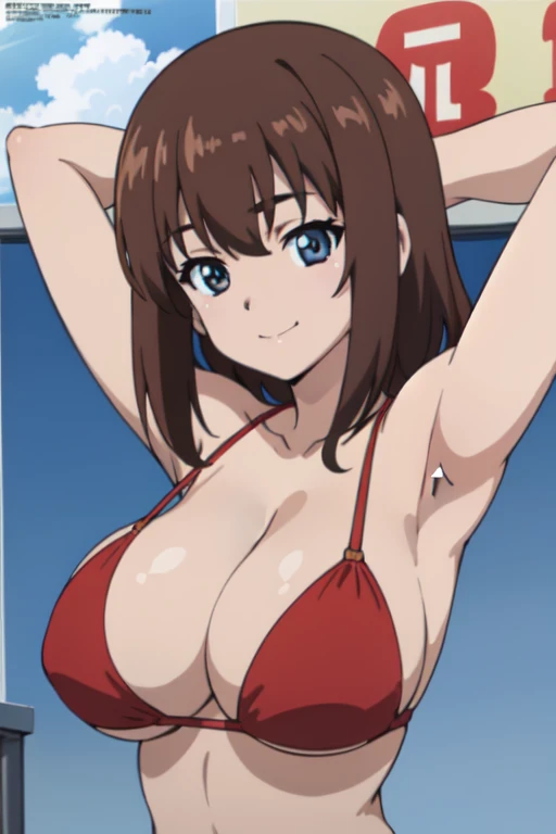 (anime cels style, best quality, high resolution, megami magazine, anime poster style, photorealistic), (beautiful eyes:1.2), kondou_taeko:1.5, Girls und Panzer, 1girl, smile, medium hair, brown hair, brown eyes, (hair ribbon:1.2, red ribbon), (huge breast), (red bikini), upper body, (perfect detailed anatomy, beautiful face, perfect body, perfect arms, shiny skin), sunshine, bluesky