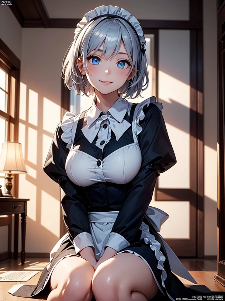 (Ultra high detail、highest quality、official art)、woman alone、mysterious atmosphere、(attractive woman)、28 years old、silver hair、white headband、shortcut、from head to knees、big bust、Black backless maid outfit、blue eyes、Big eyes、smile、archive、old book、indirect lighting、(delicate illustrations)、Light、Light、