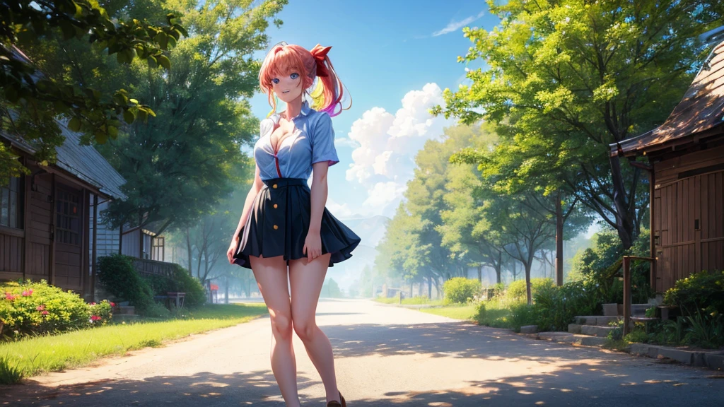 1girl, full body, summer, village, trees, sun, clouds, ((colorful hair)), ponytail, large breasts, button down, blue eyes, ((red, white and green shirt)), ((unbuttoned shirt)), unbuttoning buttons, ((short sleeved shirt)), black mini skirt, brown shoes, grin, looking at the viewer, standing, red, white and green hair ribbon, cleavage, ((golden necklate))