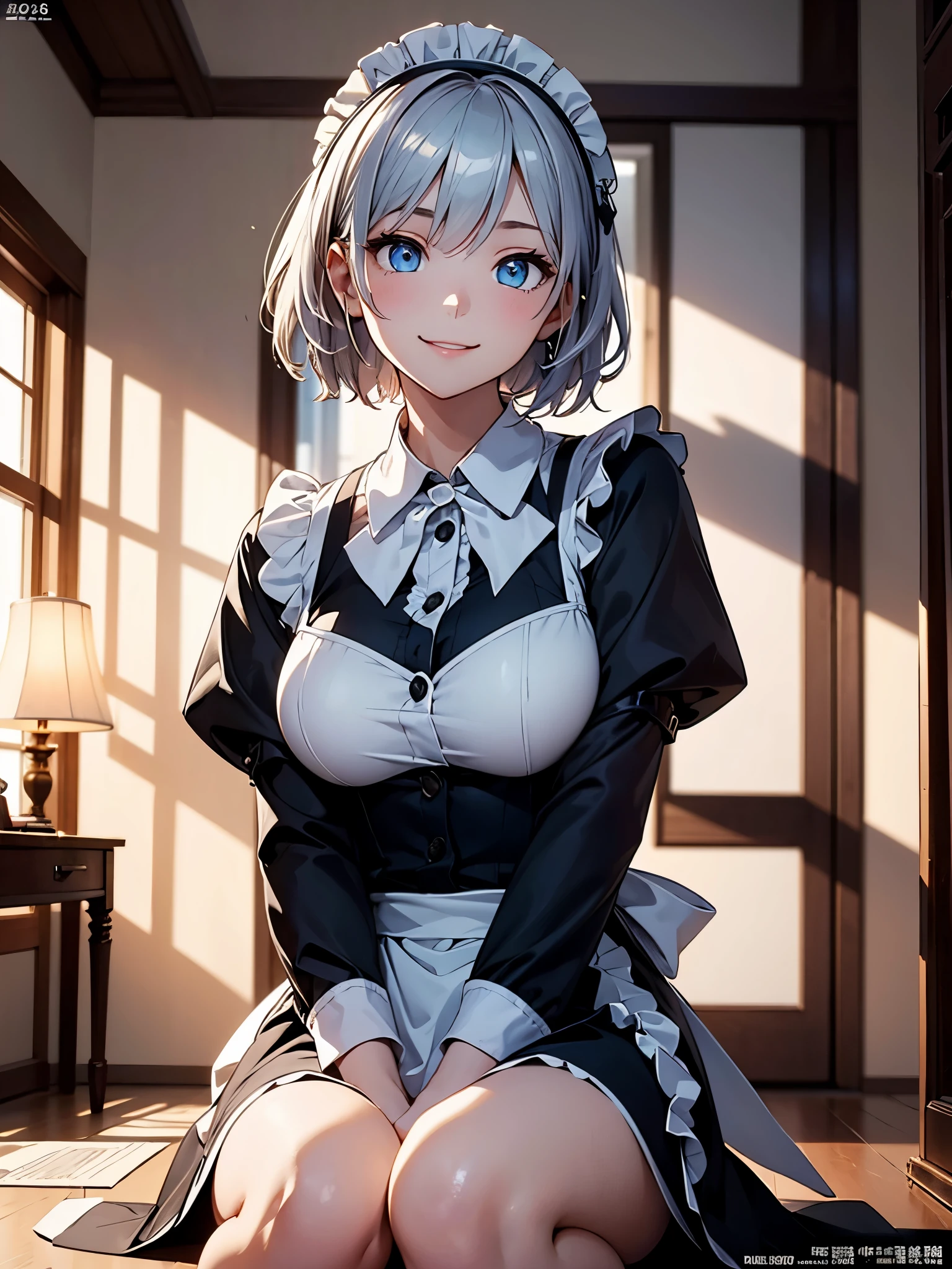 (High quality, High resolution, Fine details), Realistic, Maid Costume, World of Fantasy, Room in a Castle, solo, girl, Gray hair, Short hair, sparkling eyes, (Detailed eyes), Very crying, Big Tears, blush, Sweat, Oily skin, Shallow depth of field