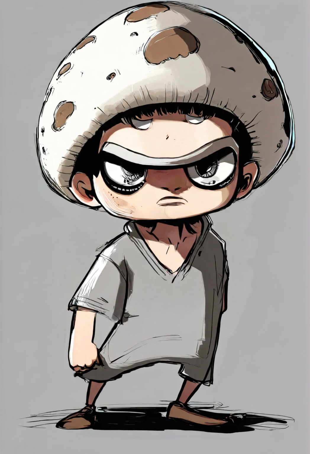 Character sketches,character illustration,Exaggerated portrait caricature,Q version characters, Mushroom head,Philtrum length,More whites of eyes,The look should be fierce but a little timid,In addition to pressing the eyebrows, the pupils are also reduced.,Draw the mouth a little off-center and with more force.,Looks tight.,male