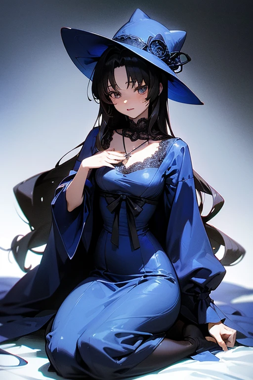 Akina Nakamori、Blue lace dress、25 years old、Beautiful woman、sexy、White cross necklace on chest、gothic style、miniature small hat、Sharp and cute、Beautiful woman、Upper grade