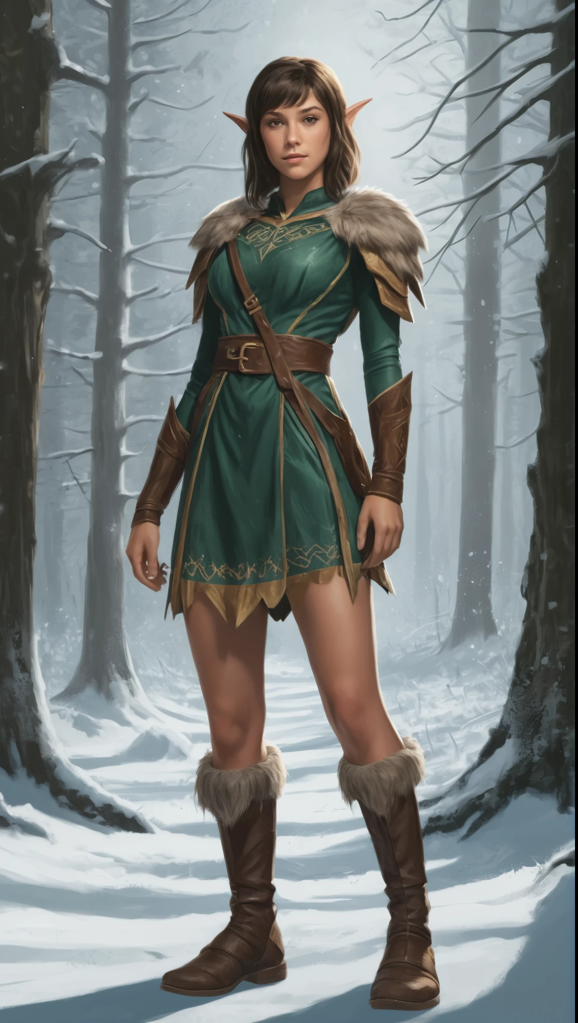 An illustrated movie poster, hand-drawn, full color, a age elven girl, wearing a rib-knit tunic and knee-high boots, resembles Mary Elizabeth Winstead, sun-tanned complexion, very tall, athletic body, hourglass figure, curvy, toned midriff, bottom-heavy, generous hips, massive bubble-butt, long legs, ridiculously thick powerful thighs, golden brown eyes, long pointy elf ears, dark hair, shaggy bob, posing in a snowy boreal forest, hard shadows, graphite shading, stencil marks, airbrushed acrylic paint, masterpiece, in the style of Skyrim 