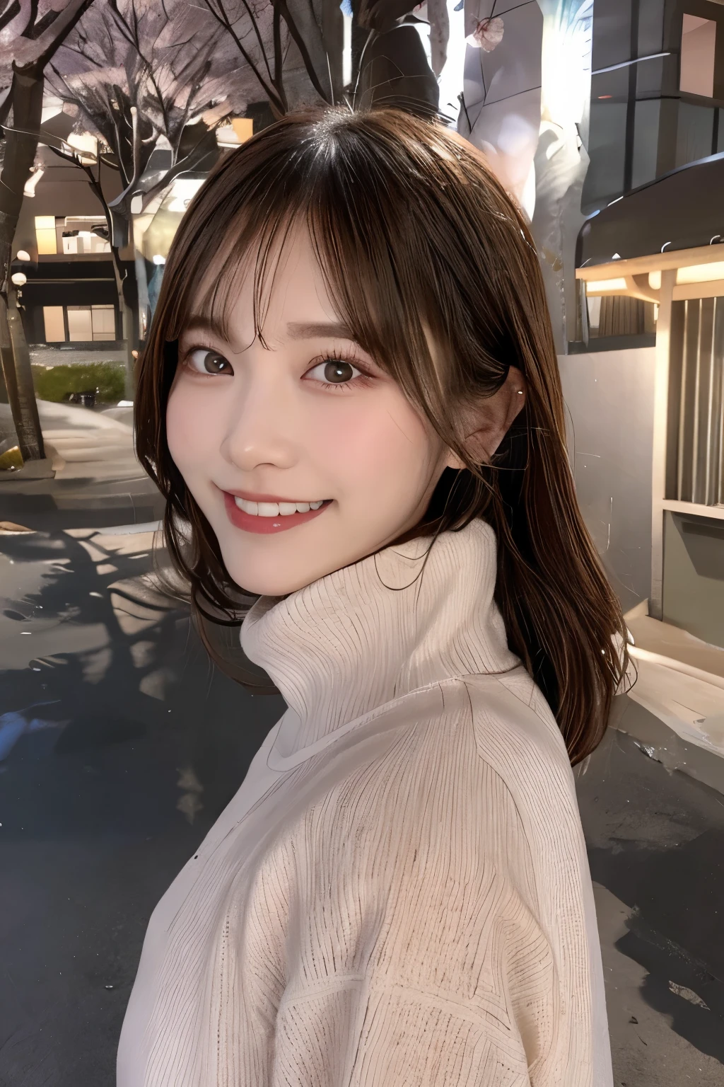 The background is cherry blossoms、Cherry blossom trees、 Dress is a black one-piece、 whole body