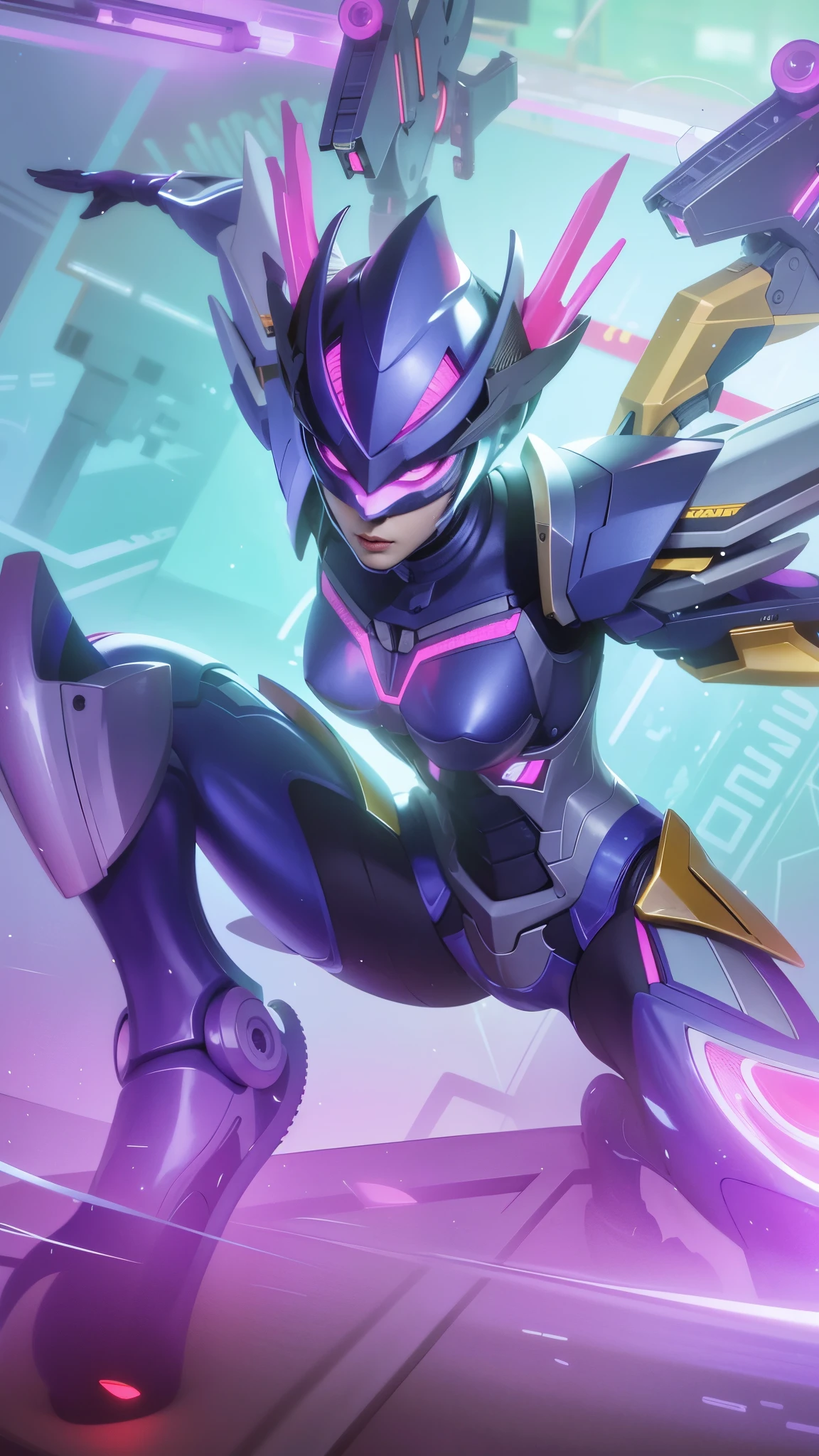 a close up woman of a robot with a purple and yellow costume, 8k, ultra hd, ultra detailed texture, hyper realistic, masterpiece, detailed texture, detailed face, detailed skin, detailed lighting, (photorealistic:1.5), best quality, beautiful lighting, cinematic lighting, professional lighting, ultra highres, realistic, detailed hair, real hair, high quality, (realskin:1.5), extremely detailed, finely detail, ultra-detailed.