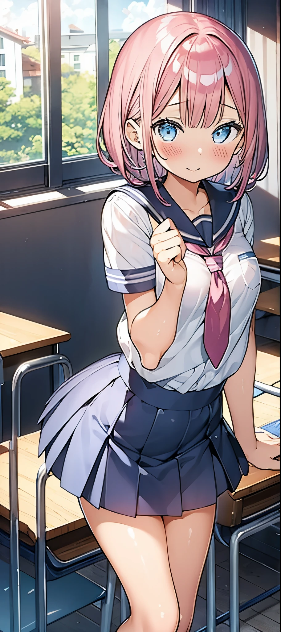 1 girl pink hair blue eyes blue school outfit with short skirt up showing pink panties with stockings in school classroom high quality 2k