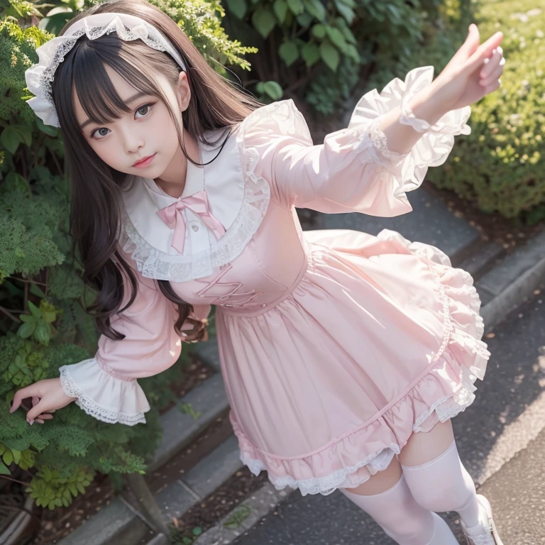 best quality, masterpiece, lifelike, 1 girl, alone, eternal, black hair, Long curly hair, blunt bangs, Smile, pink skirt, pink lolita dress, layered skirt, Lolita style long skirt,Layered dress lace-trimmed skirt, decorate, lace, long sleeve, puff sleeves, wide sleeves, Transparent sleeves, hair accessories, in the flower garden, flower, Detailed background,  delicate face，pink blush，white knee socks, Pink shoes，cold，Lots of lace，((​masterpiece))、(top quality)、8K、high detail、super detailed、 21 years old female，wearing pink lolita dress((dreamy atmosphere:1.1))、Seductive and whimsical style、​masterpiece、born、Scenes resembling fairy tale illustrations、intricate details show the ruffles and intricate designs of the lolita gown、capricious、 beautifully、Dream aesthetics、「𝓡𝓸𝓶𝓪𝓷𝓽𝓲𝓬、ethereal、charming、fickle、magic」、realism、Visual effect、FXAA、SSAO、shader、voiceless、ambient lighting、Tone mapping、High resolution、ultra high definition、megapixel、(8K resolution:1.10)、8K、8K resolution、high detail、intricate details、 (high quality:1.2、​masterpiece:1.2、:1.21)、(21 years old female:1.21)、(Smile excitedly)、(Surrounded by the dreamy atmosphere of an amusement par color lolita dress、Her eyes were full of surprise and joy、I took a lot of geek photos、High heel、Model diagram，full-body shot，Knee-high white的 lace socks,Sweet Lolita，Normal 2 feet，Pink shoes，Baotou shoes，full-body shot，don't expose your fingers，Emphasize the volume of the skirt，exposed，huge breasts，The skirt flew up，Low-cut nudity，hair accessories，big skirt dress，If you shoot from a certain angle you can see my panties，The skirt floated up