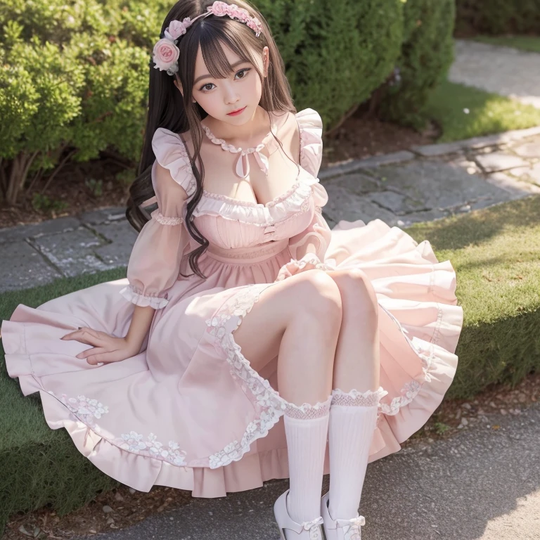 best quality, masterpiece, lifelike, 1 girl, alone, eternal, black hair, Long curly hair, blunt bangs, Smile, pink skirt, pink ta dress, layered skirt, Lolityle long skirt,Layered dress lace-trimmed skirt, decorate, lace, long sleeve, puff sleeves, wide sleeves, Transparent sleeves, hair accessories, in the flower garden, flower, Detailed background,  delicate face，pink blush，white knee socks, Pink shoes，cold，Lots of lace，((​masterpiece))、(top quality)、8K、high detail、super detailed、 21 years old female，wearing pink lolita d((dreamy atmosphere:1.1))、Seductive and whimsical style、​masterpiece、born、Scenes resembling fairy tale illustrations、intricate details show the ruffles and intricate designs of the lolita gown、icious、 beautifully、Dream aesthetics、「𝓡𝓸𝓶𝓪𝓷𝓽𝓲𝓬、ethereal、charming、fickle、magic」、realism、Visual effect、FXAA、SSAO、shader、voiceless、ambient lighting、Tone mapping、High resolution、ultra high definition、megapixel、(8K resolution:1.10)、8K、8K resolution、high detail、intricate details、 (high quality:1.2、​masterpiece:1.2、:1.21)、(21 years old female:1.21)、(Smile excitedly)、(Surrounded by the dreamy atmosphere of an amusement par color lolita dress、Hers were full of surprise and joy、I took a lot of geek photos、High heel、Model diagram，full-body shot，Knee-high white的 lace socks,Sweet Lolita，Normal 2 feetk shoes，Baotou shoes，full-body shot，don't expose your fingers，Emphasize the volume of the skirt，exposed，huge breasts，The skirt flew up，Low-cut nudity，hair accessories，big skirt dress，If you shoot from a certain angle you can see my panties，The skirt floated up