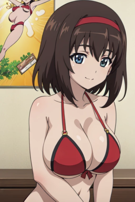 (anime cels style, best quality, high resolution, megami magazine, anime poster style, photorealistic), (beautiful eyes:1.2), kondou_taeko:1.5, Girls und Panzer, 1girl, smile, medium hair, brown hair, brown eyes, (hachimaki:1.2, red ribbon), (huge breast), (red bikini), upper body, (perfect detailed anatomy, beautiful face, perfect body, perfect arms, shiny skin), sunshine, bluesky