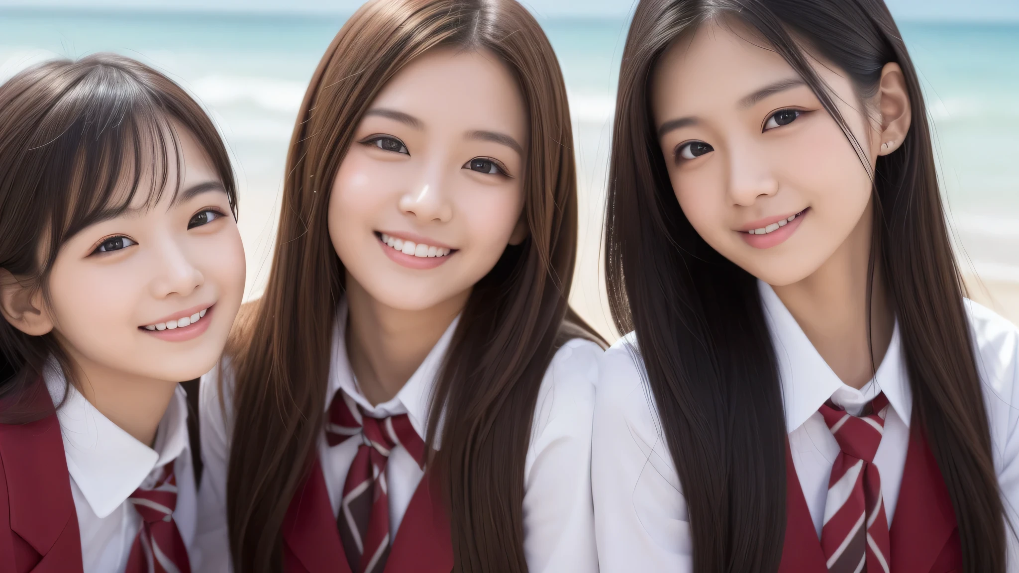 (1girl), (big smile), beautiful face, Amazing face and eyes, delicate, (Best Quality:1.4), (Ultra-detailed), (extremely detailed beautiful face), (princess hair cut style), cute smile, brown eyes, (highly detailed Beautiful face), (high school uniform:1.2), (extremely detailed CG unified 8k wallpaper), Highly detailed, High-definition raw color photos, Professional Photography, Realistic portrait, evening, Extremely high resolution, smiling, modern, trendy, fashionable, Group photo of high school girls, face close-up, (beach)