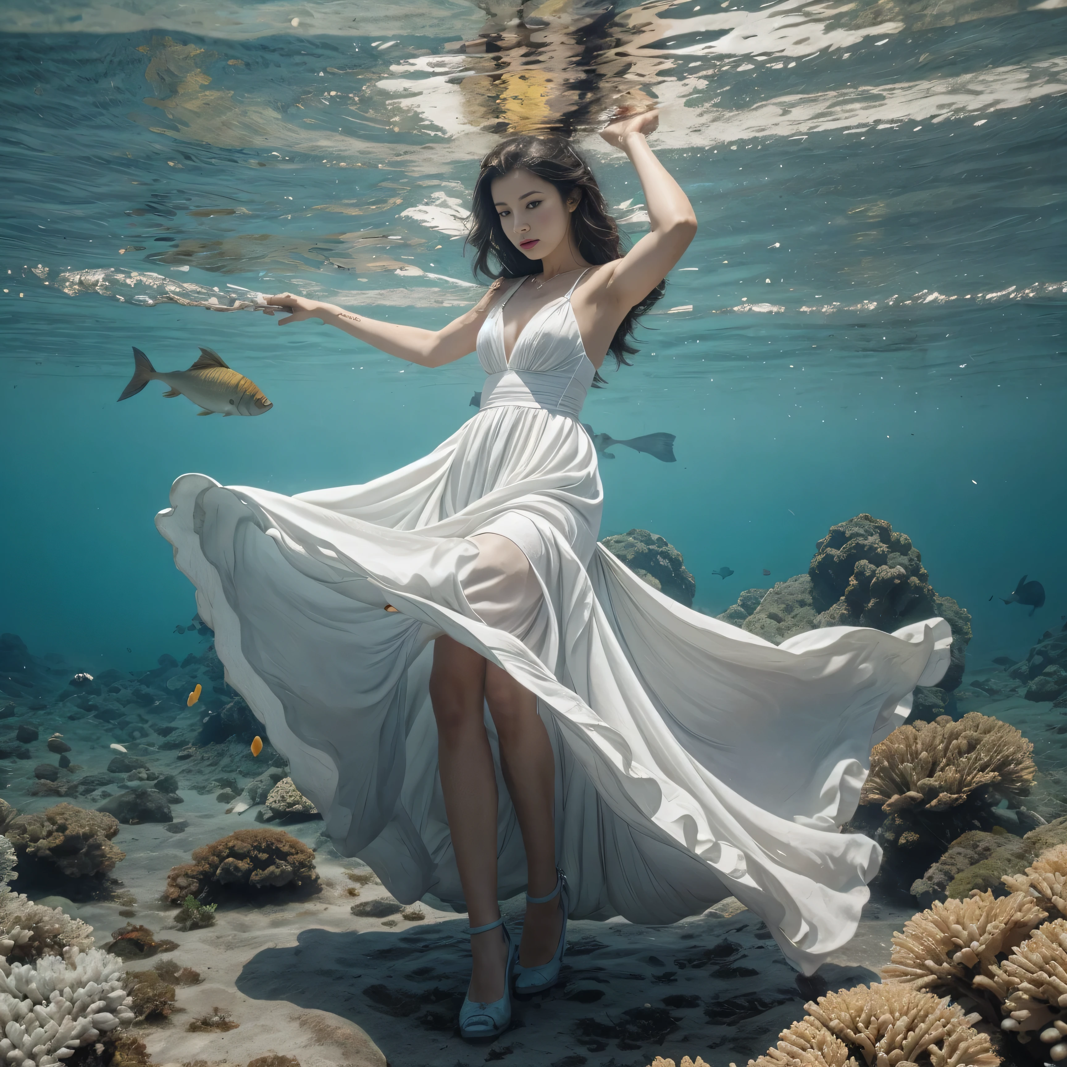 A woman in a white dress，flowing hair，Wandering in the blue transparent seabed，A big gray fish is ahead，White corals around，Lots of golden fish，White clouds on the water