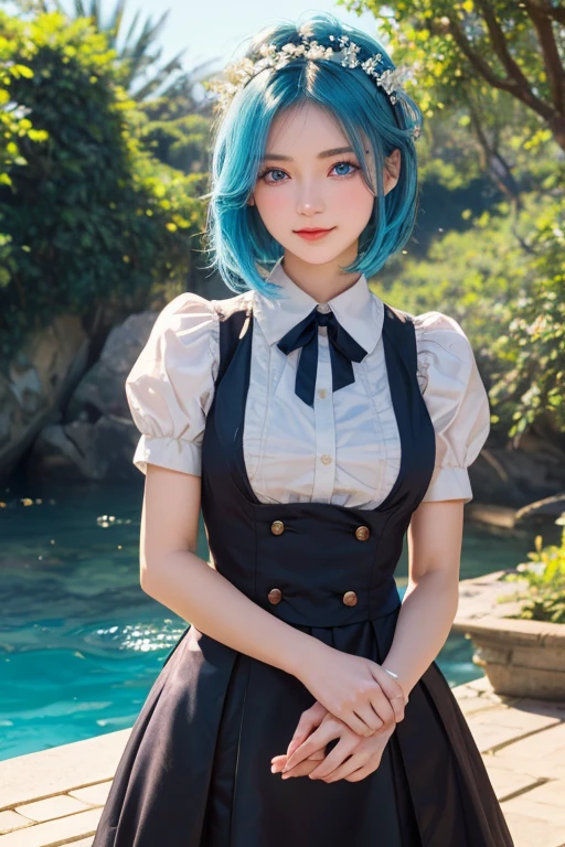 (masterpiece:1.6, best quality), (finely detailed beautiful eyes: 1.2), ph_rem, remhd, 1girl, blue hair, solo, blue eyes, x hair ornament,roswaal mansion maid uniform, maid, ocean, bay, sunlight, trees, wave,
,