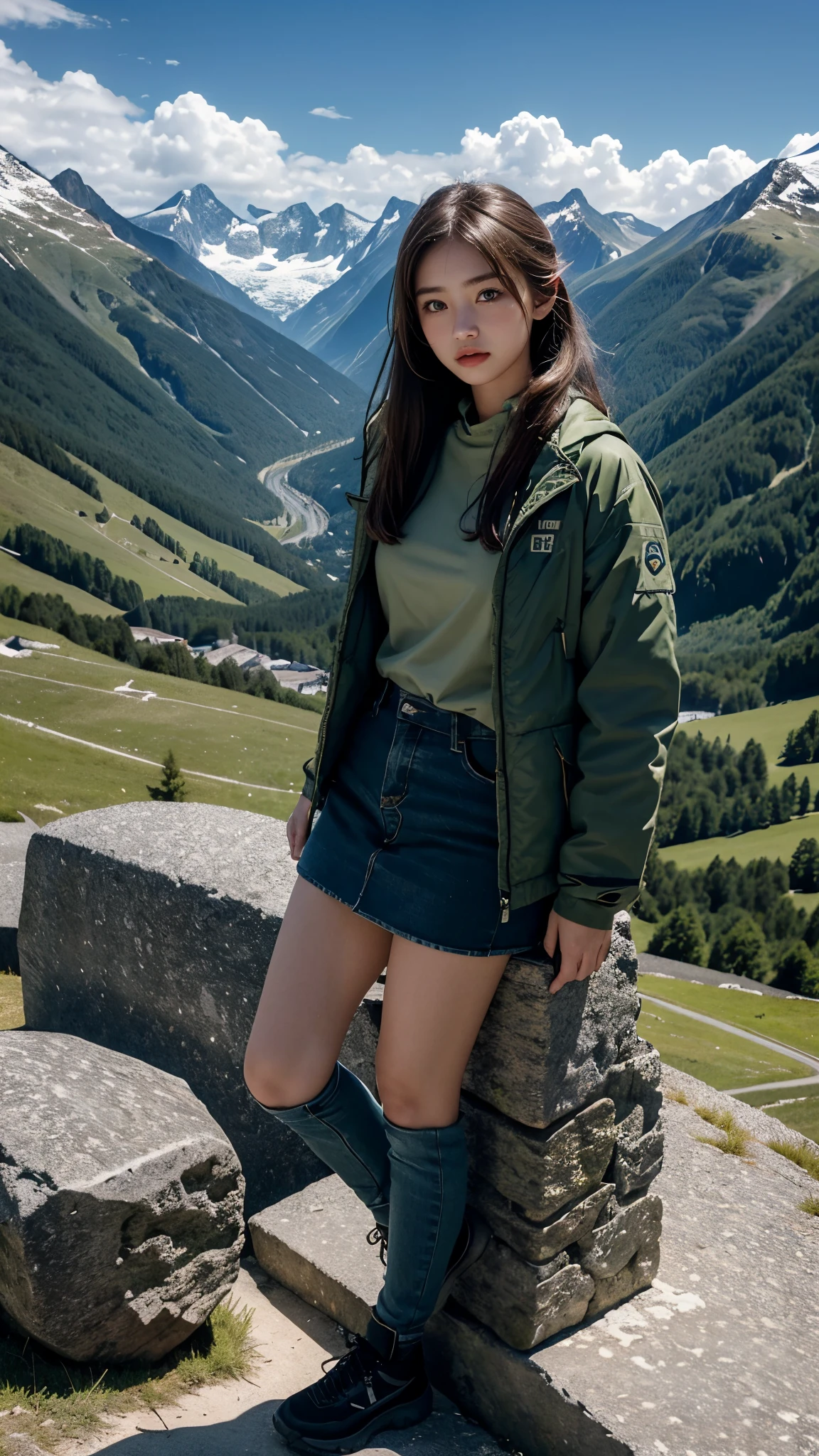 mountain climbing、mountain climbingガール、One female、Beautiful Girl, 20 Years Young Girl, Young perfect body, Perfect Young breasts under the dress, switzerland, alaps valley, Tight Green Jacket Tight Navy blue Jeans Above knee length skirt,