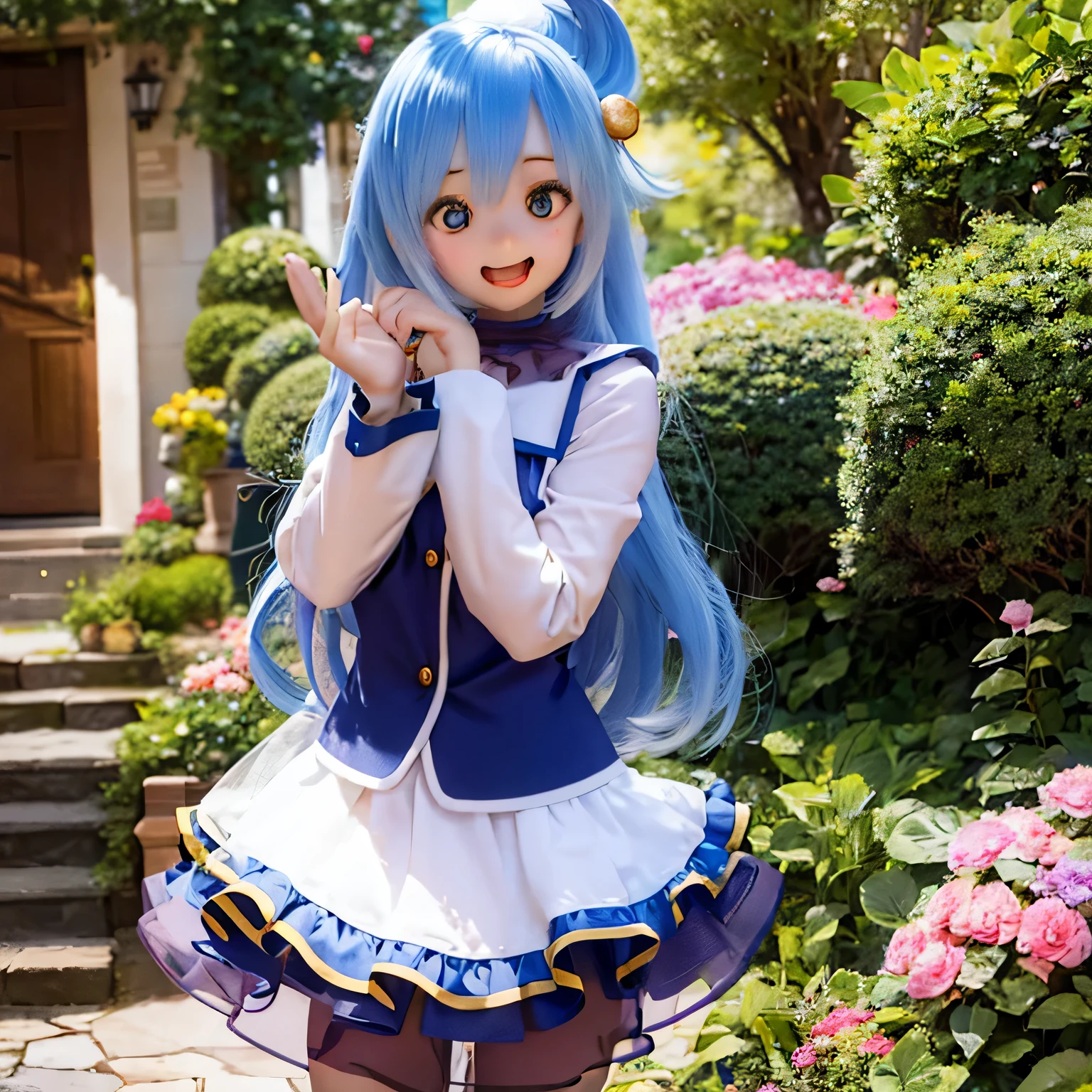 (a young girl with) blue hair, (wearing) a white and blue dress, (holding) a staff, (standing) in a lush, vibrant garden, (with) colorful flowers (blooming) around her, (under) a clear blue sky.
(portraits) of the girl, (photorealistic) rendering, (with) (ultra-detailed) features, (including) sparkling blue eyes, (rosy) lips, and (long) eyelashes.
(best quality, 4k, highres) image, (with) (vivid) colors, (highlighting) the girl's vibrant appearance.
(the garden is filled with) sunlight, (creating) a warm and inviting atmosphere, (with) gentle (sunbeams) illuminating the scene.villain pose
have a magic wand (((open your mouth and laugh)))