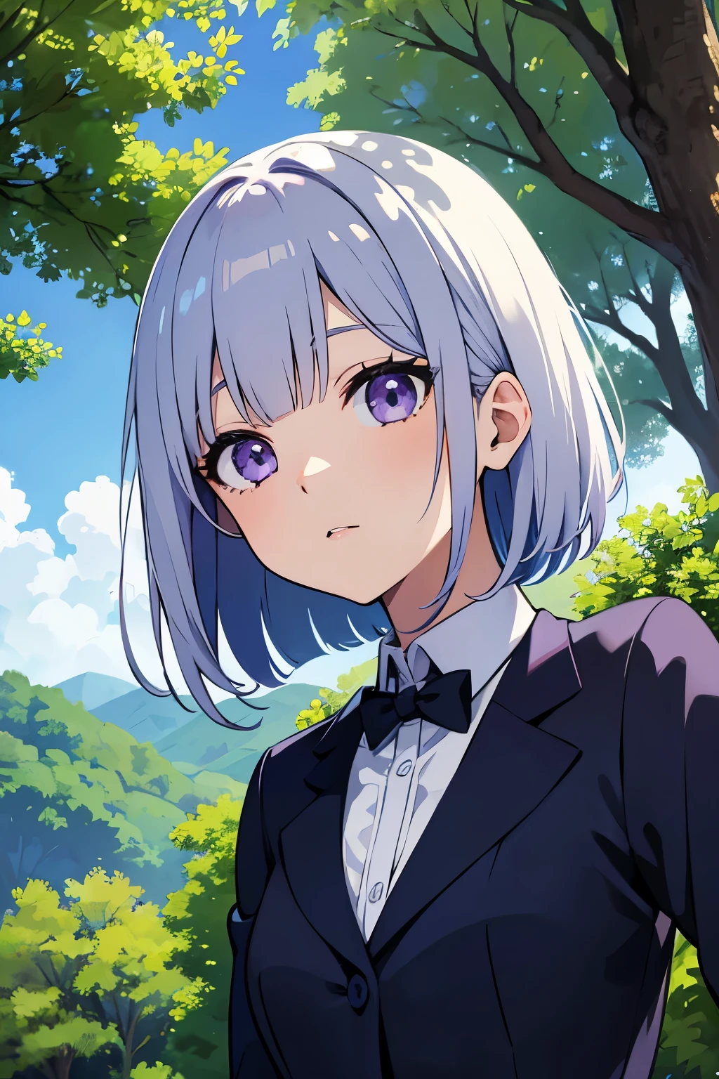 super beautiful , anime illustration、Nature、in the forest、blue sky、sunny、cinematic angle、 purple eyes、bangs、arrange bangs、short bob、silver blue color hair、Crisp eyes、