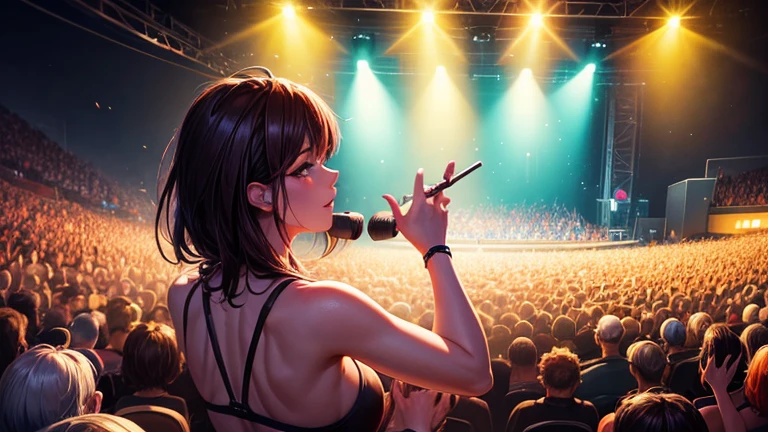 create a digital painting, 4k, best quality, SexyToon, of an audience member at a rock concert