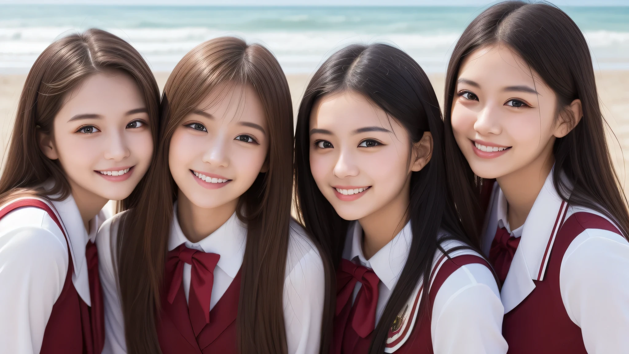 (1girl), (big smile), beautiful face, Amazing face and eyes, delicate, (Best Quality:1.4), (Ultra-detailed), (extremely detailed beautiful face), (princess hair cut style), cute smile, brown eyes, (highly detailed Beautiful face), (high school uniform:1.2), (extremely detailed CG unified 8k wallpaper), Highly detailed, High-definition raw color photos, Professional Photography, Realistic portrait, evening, Extremely high resolution, smiling, modern, trendy, fashionable, Group photo of high school girls, face close-up, (beach)