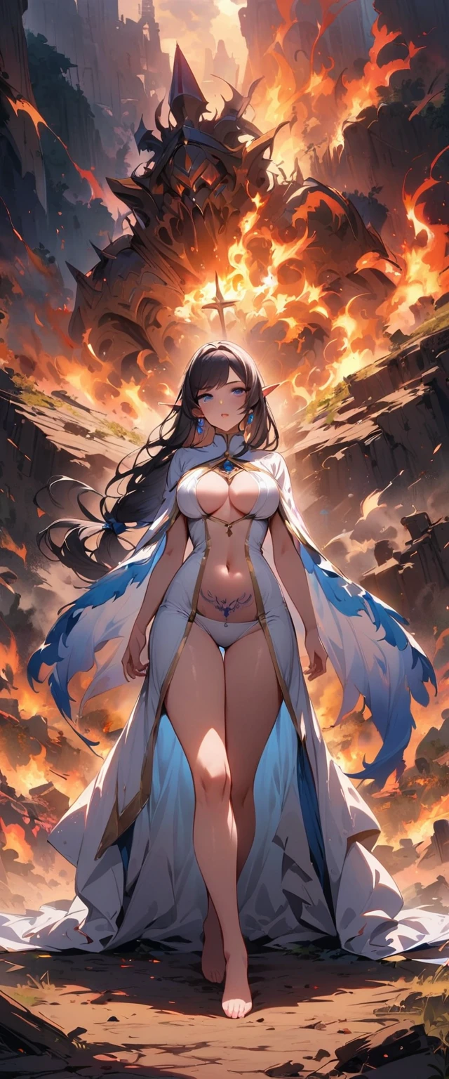 top quality, masterpiece, ultra high definition, Beautiful priestess, Belly button tattoo，blue eyes, looking at the audience, lol，long hair, lips, elf ears, Put your hand into your underwear，White clothes are very transparent, breasts and can be seen，Feather cape，hair accessories，earrings, Slim, ponytail，barefoot，outdoor，Burning battlefield background