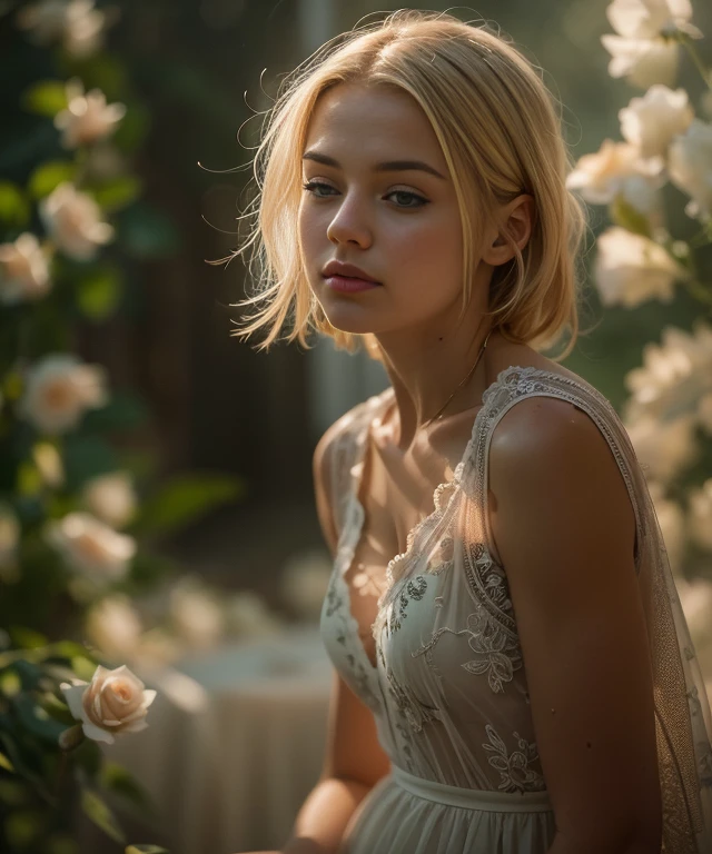 beautiful young girl, beautiful 12 year old girl, intricate light blonde hair, sweaty, sunlit, dripping, leaning back, 8K,Best quality, masterpiece, ultra high res, (photorealistic:1.4), raw photo, (Authentic skin texture:1.3), (film grain:1.3), young girl, beautiful detailed eyes and face,masterpiece, best quality, pastel dreamy light, bathing in backlighting, mini lace dress, sunrays, petals falling, roses, fog, haze, sunlit, cozy, morning dew, backlighting, hazy, golden hour, morning light, erotic mood, countryside, masterpiece, best quality, ultra-detailed, solo, shadows, contrast, cinematic light, side lighting, ultra high resolution, best shadow, RAW, 4k, ultra-realistic style, detailed face, Cinematic, Color Grading, portrait Photography, Depth of Field, hyper-detailed, beautifully color-coded, insane details, intricate details, beautifully color graded, Unreal Engine, Cinematic, Color Grading, Editorial Photography, Photography, Photoshoot, Shot on 70mm lens, Depth of Field, DOF, Tilt Blur, Shutter Speed 1/1000, F/2