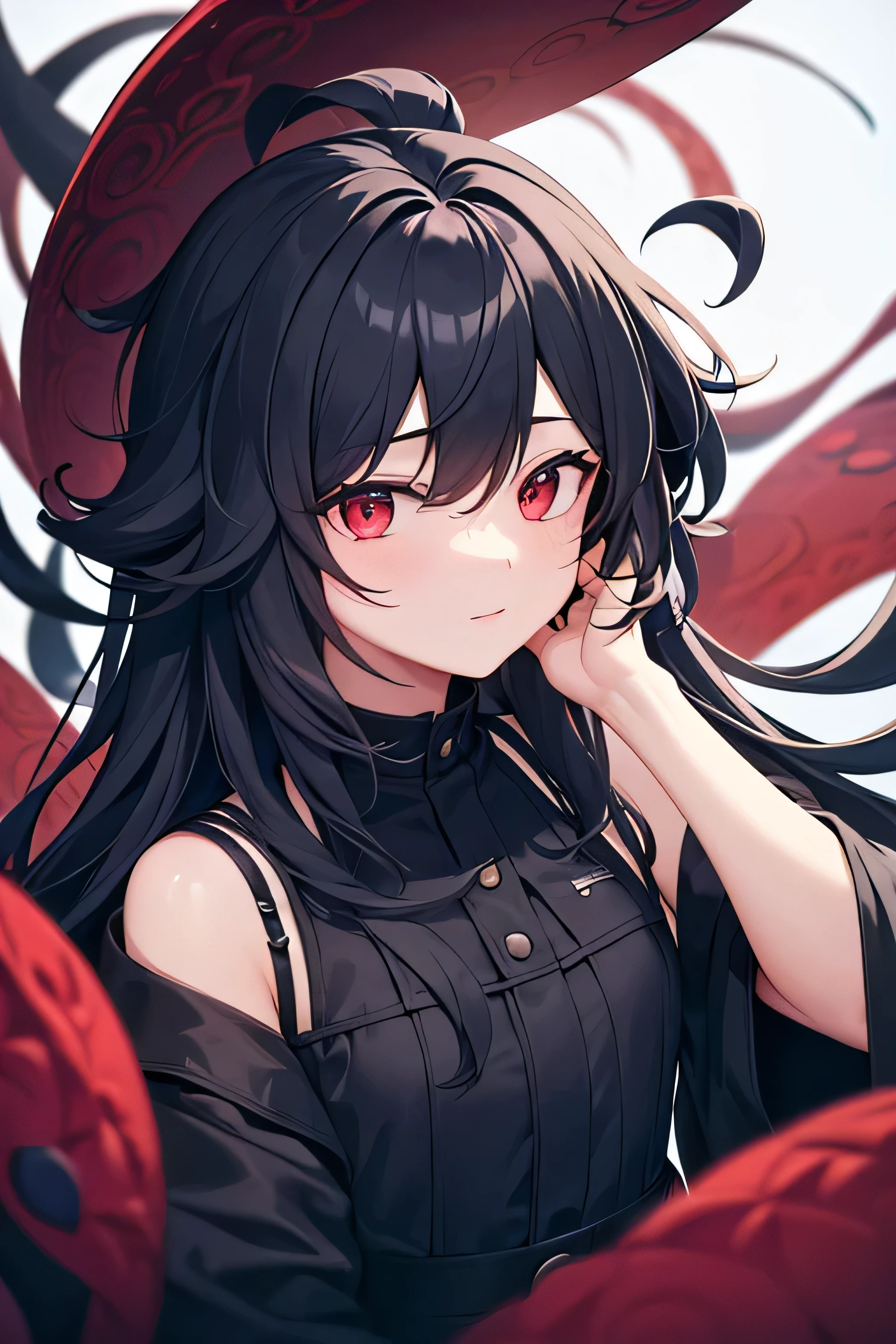 masterpiece, best quality, ultra-detailed, 1girl, , medusa, her hair is snakes, black hair, very long hair, straight hair, blunt bangs, red eyes, see through dress, black clothes, bad smile, parted lips, cute pose, palm touching face, upper body, dark atmosphere, sfw
