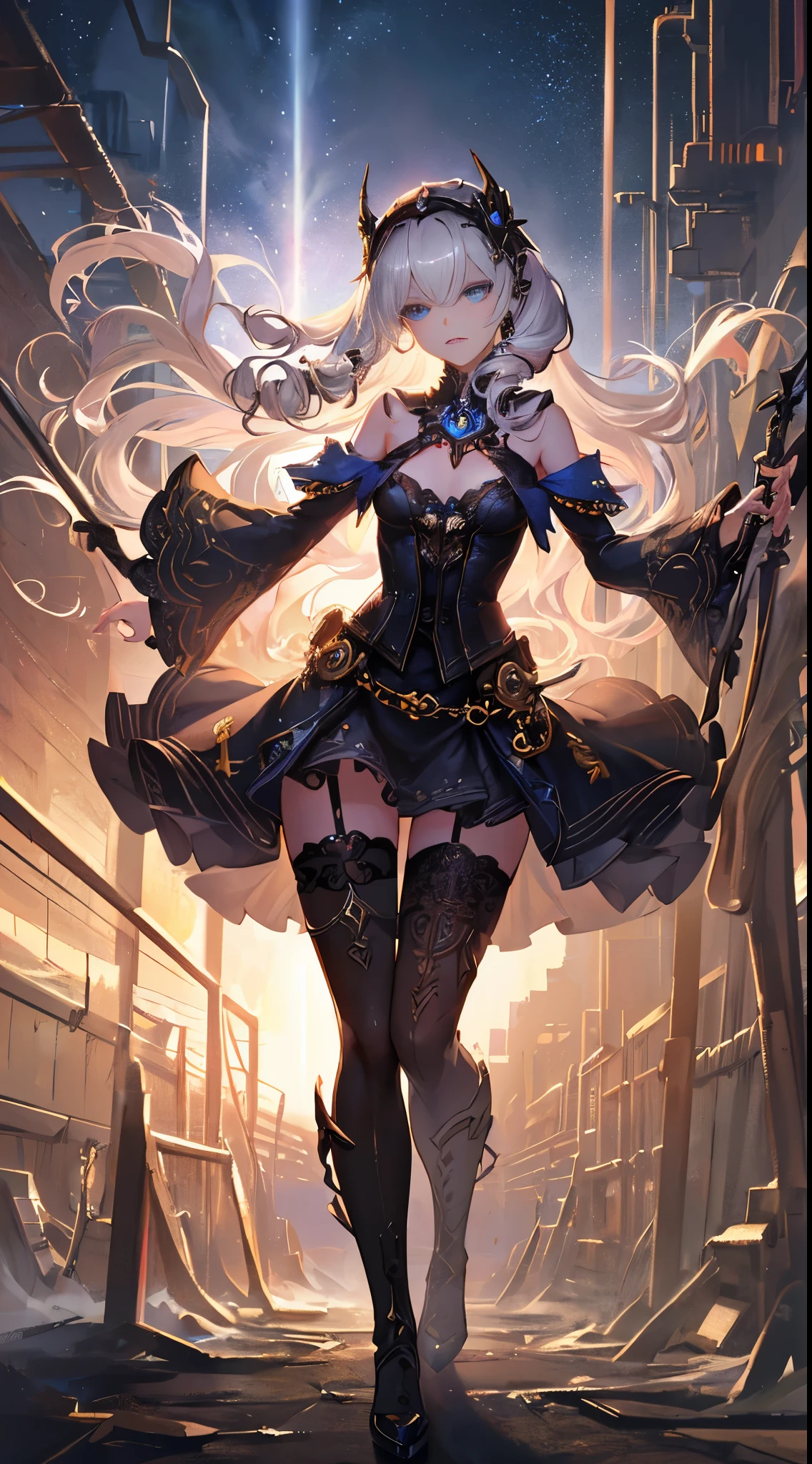 Wizard girl.
(((masterpiece, best quality, raw photo, photorealistic, depth of field, ultra detailed, detailed face, very precise eyes))), Dynamic Action Pose, Invoke Magic, Mechanical Magic Weapons, very slender long legs, lace stockings on the knee, steampunk headgear, fluttering lace flared mini skirt, off-shoulder fashion with a fusion of detailed and intricate steampunk and detailed gothic ta, upward and beautiful small breasts, Clean long silver hair, long vertical curly hair, wind driven, futuristic complex steampunk factory background, infinite dark universe, flying celestial bodies, countless celestial neon lights raining down from the heavens, cinematic lighting decoration.