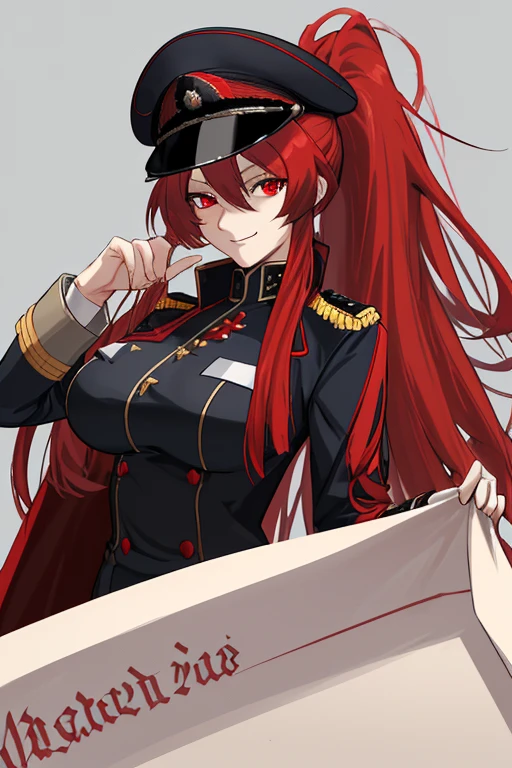 solving the absurd，High resolution，Masterpiece 1.4，super beautiful，8 life size，Second World War，Wearing German military uniform，red eyes，red long hair，ponytail，big breasts，clear eyes，solving the absurd，High resolution，Masterpiece 1.4，super beautiful，Wearing a military cap，body hidden by clothes，long coat，8 life size，get closer to the camera，red eyes，red long hair，ponytail，big breasts，gentle smile，battlefield background