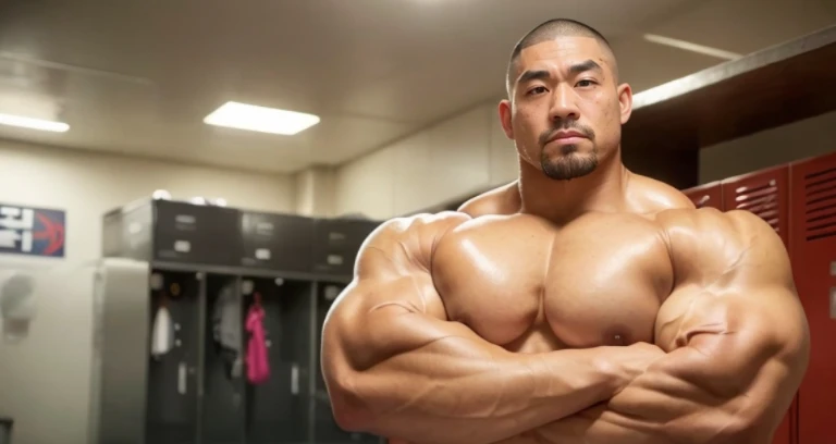 (crossed arms:1.4), (glairing bodybuilder:1.4), (at locker room:1.4), 40's, (Japanese face:1.4), (Korean face:1.4), (Chinese face:1.4), (Taiwanese face:1.4), manly face, fat face, (round face:1.4), (monolid eyes:1.2), (buzz cut:1.5), very large and strong body, bulky body, beefy muscles, (bulging muscles:1.4), (very large pectoral muscles:1.4), (muscular arms:1.4), muscular abs, muscular legs, muscular back, bright oily skin, (realistic:1.2), distant view