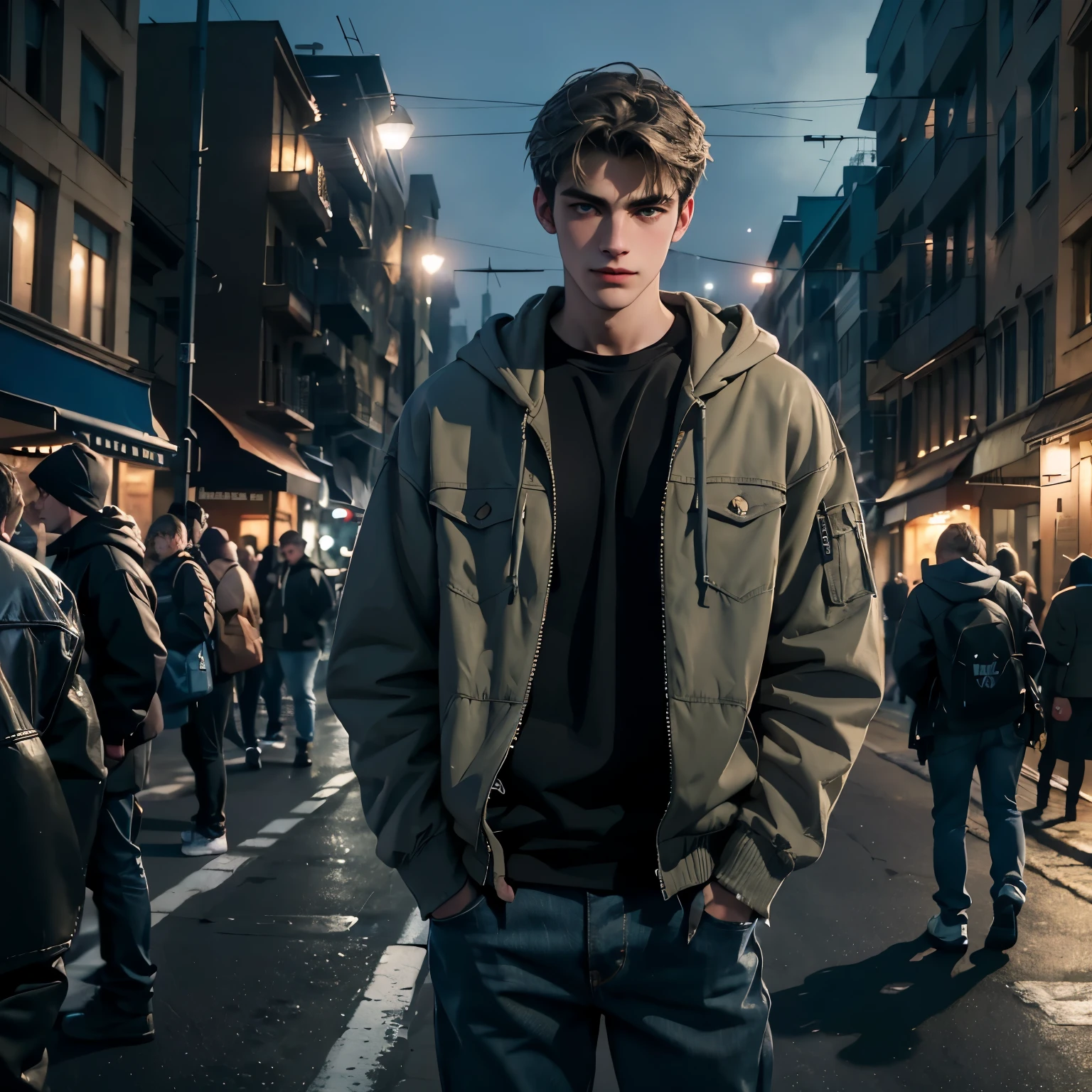a handsome European male in early twenties looking down with cynical smile , short grayish khaki hair, (((street snap))), wearing black hoodie and blue jeans with his hands in pockets, busy afternoon street, highly detailed, cinematic lighting, unreal engine, surrealistic, ultra quality, (((masterpiece))),