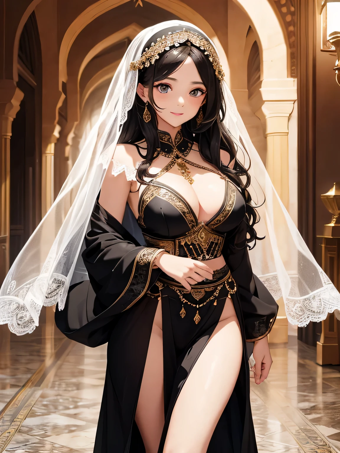 absurd,(​Masterpiece、top quality、8K ),intricate details,Super detailed、1 Beautiful Arab woman、(Arab national costume:1.4),veil、smile slightly、dark skinned、black curly hair、Arab Market、Surreal,perfect anatomy