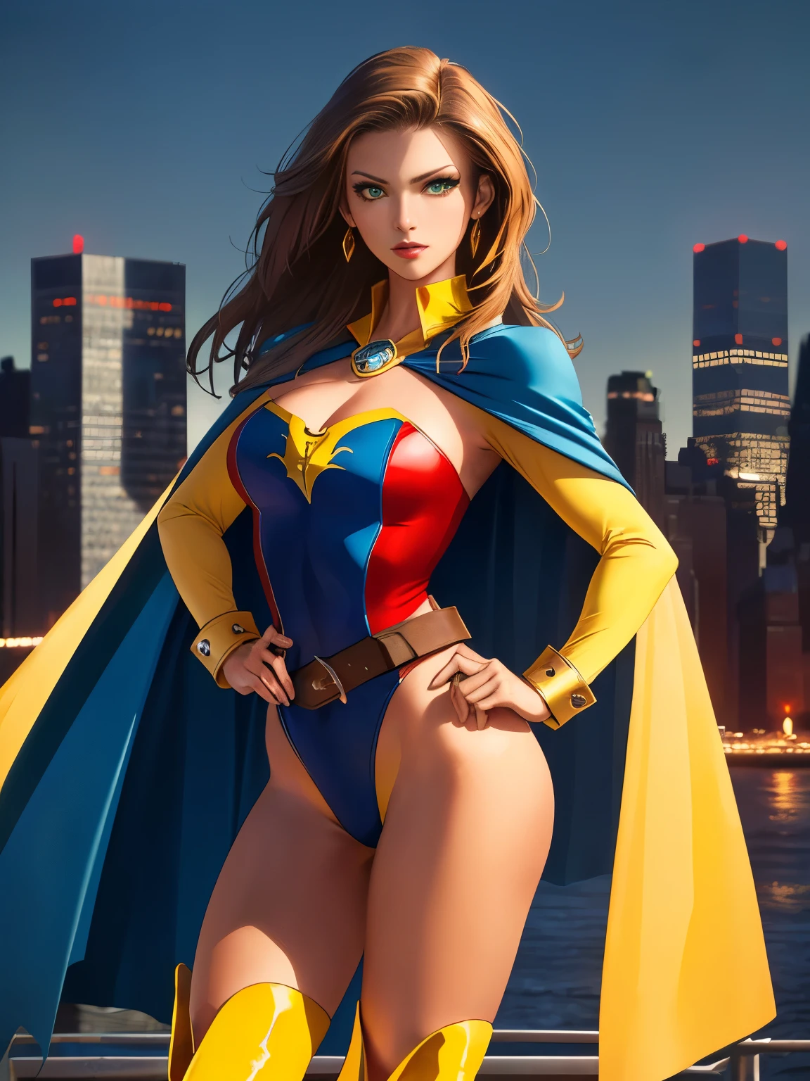 ((best quality)), ((masterpiece)), ((ultra realistic)), (dynamic heroic pose), american, beautiful detailed face, detailed eyes, sexy reporter, ((dressed in a red leotard with blue accents)), new york city backdrop, highly detailed, professional, bare legs, full body), hands on hip, standing, ((brown hair, medium hair)), green eyes, matching boots, yellow boots, ((long sleeves, yellow cuffs)), yellow hawk-shaped crest engraved on chest, ((blue cape)), cowboy shot, fastened tight belt