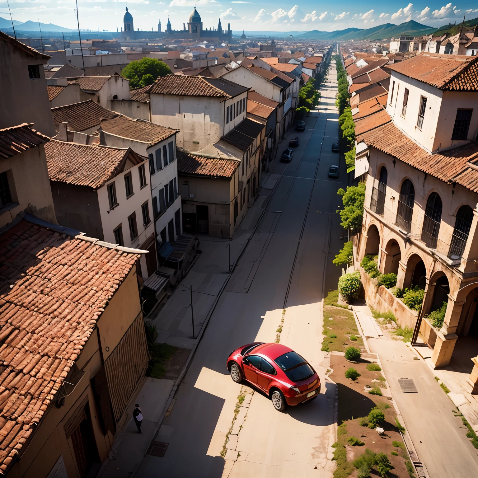 Ciudad de la antigua Babilonia, during the day, hermosa ciudad y con un platillo volante flotando sobre la ciudad