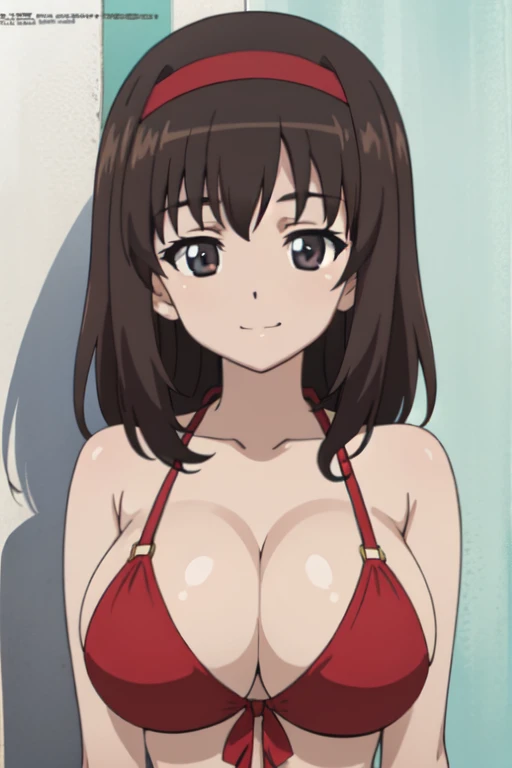 (anime cels style, best quality, high resolution, megami magazine, anime poster style, photorealistic), (beautiful eyes:1.2), kondou_taeko:1.5, Girls und Panzer, 1girl, smile, medium hair, brown hair, brown eyes, (red headband:1.2, red ribbon), (huge breast), (red bikini), upper body, (perfect detailed anatomy, beautiful face, perfect body, perfect arms, shiny skin), sunshine, bluesky