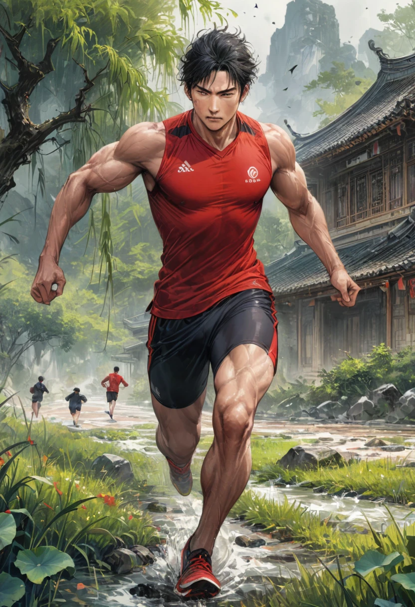 boy, athlete running training on the sports field, wearing a red jersey with well-developed muscle lines, green grass background, ink style, realistic, detailed background, (masterpiece, best quality, perfect composition, very aesthetic, absurdres, ultra-detailed, intricate details, Professional, official art, Representative work:1.3), (Animagine:0.01)