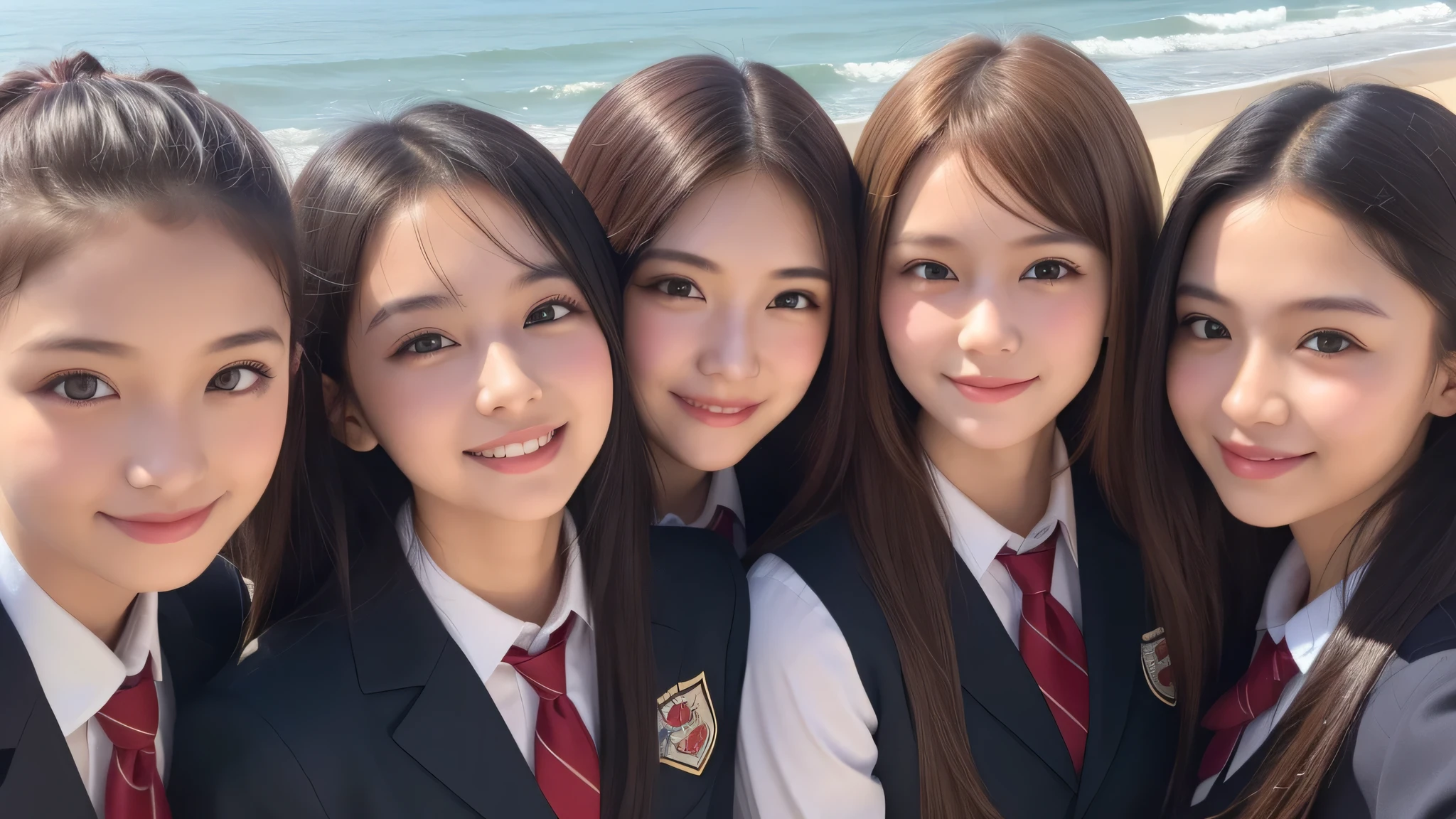 (5girls:1.3), (big smile), beautiful face, Amazing face and eyes, delicate, (Best Quality:1.4), (Ultra-detailed), (extremely detailed beautiful face), (princess hair cut style), cute smile, brown eyes, (highly detailed Beautiful face), (high school uniform:1.2), (extremely detailed CG unified 8k wallpaper), Highly detailed, High-definition raw color photos, Professional Photography, Realistic portrait, evening, Extremely high resolution, smiling, modern, trendy, fashionable, Group photo of high school girls, face close-up, (beach)