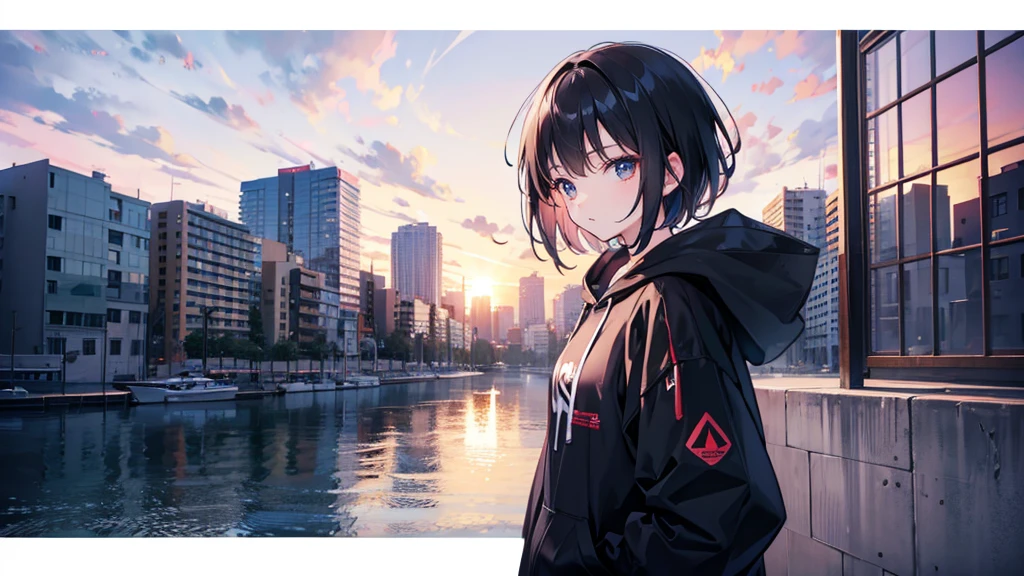 black hair,hoodie,boyish girl,short hair,,red sunset,scenery,building,Girl standing on rubble,detailed face,beautiful eyes,