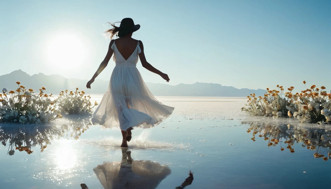 (((Masterpiece))),((((Top Quality))),(((Super Detail))), High Resolution, 8k Ultra HD, Neutral pastel colors, Mysterious off-white world, Imagine Salar de Uyuni, Morning mist, Mirrored water surface, In the distance a beautiful woman in a white summer dress is jumping and dancing with a bouquet of flowers in one hand, Backlighting, Silhouette, Calm atmosphere. backlight, silhouette, calm atmosphere. Photojournalism, Cinematic LUT, Nikon D850, Filmstock Photos, Kodak Portra 400, Authentic Textures, Cinestyl 800,