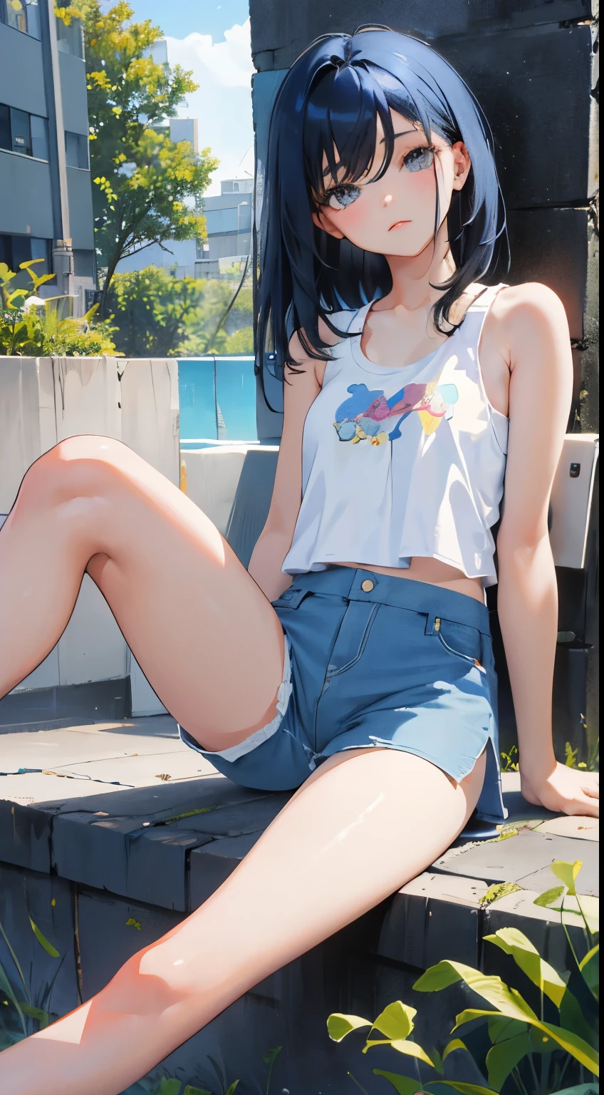 (short cute girl，small young student，young delicate girl）,（masterpiece，Top quality)，sit on the floor，Tank top，light blue shorts，short sleeve，long black hair，sleepy