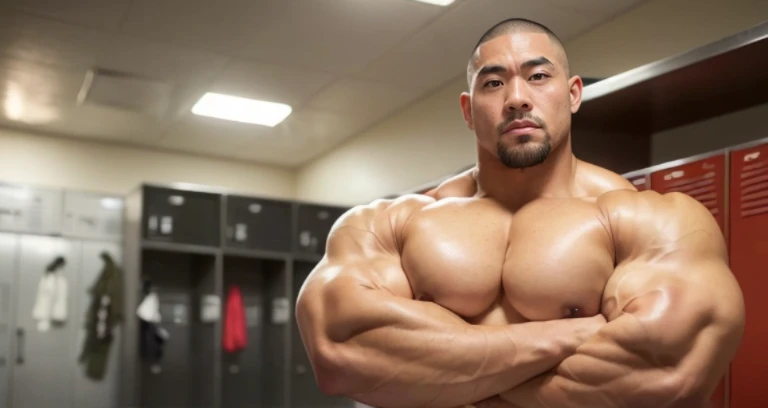 (crossed arms:1.4), (glairing bodybuilder:1.4), (at locker room:1.4), 40's, (Japanese face:1.4), (Korean face:1.4), (Chinese face:1.4), (Taiwanese face:1.4), manly face, fat face, (round face:1.4), (monolid eyes:1.2), (buzz cut:1.5), very large and strong body, bulky body, beefy muscles, (bulging muscles:1.4), (very large pectoral muscles:1.4), (muscular arms:1.4), muscular abs, muscular legs, muscular back, bright oily skin, (realistic:1.2), distant view