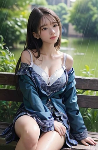 Top quality, high resolution, very detailed, masterpiece, live photos, realistic, photo realistic, very delicate and beautiful., delicate details, rough skin, one girl, alone, I am an 18-year-old Japanese girl, (((rainy rain, wet skin, wet clothes, wet hair)), (body facing the camera: 1.3), (I am sitting on a bench in the park with my feet on a bench in the park: 1.2), ((show me your white panties)), (((tall bra is sligrated and breasts and nipples))), (bottom less), (((panties are taken off and entangled in the left knee))), ((a large amount of sexual fluid overflowing from the girl's vagina)), after sexual assault, stunned, (((dark blue jacket and checked skirt)), white shirt, dress shirt is open, ((off shoulder)), ((bra with meticulously designed))