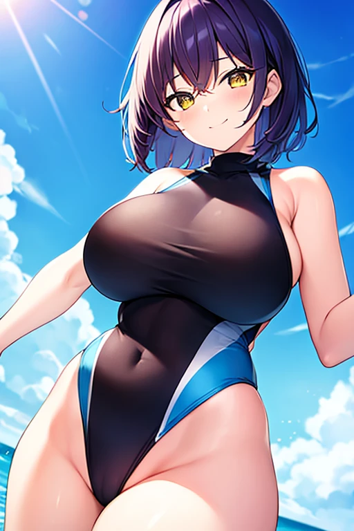 1girl, large breasts, breasts, wide hips, thick thighs, purple hair, short hair, very short hair, yellow eyes, one-piece swimsuit, blue swimsuit, competition swimsuit, black one-piece swimsuit, light smile, smile