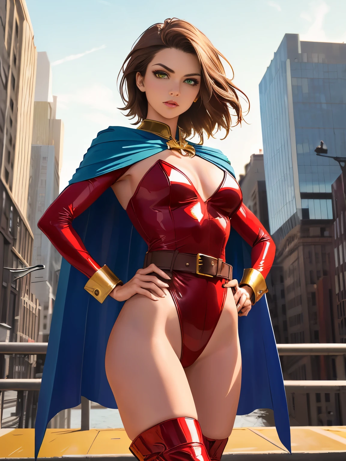 ((best quality)), ((masterpiece)), ((ultra realistic)), (dynamic heroic pose), american, beautiful detailed face, detailed eyes, sexy reporter, ((dressed in a red leotard with blue accents)), new york city backdrop, highly detailed, professional, bare legs, full body), hands on hip, standing, ((brown hair, medium hair)), green eyes, matching boots, yellow boots, ((long sleeves, yellow cuffs)), yellow hawk-shaped crest engraved on chest, ((blue cape)), cowboy shot, fastened tight belt