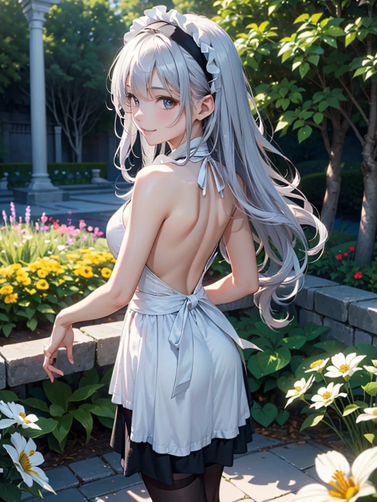 ((masterpiece、highest quality、High resolution、8K))、One female、(attractive woman)、silver hair、long hair、messy hair、smile、black eyes、detailed eyes、white headband、break、Black backless maid outfit、Head to knee、look back、((stare into the distance))、A gorgeous garden filled with blooming flowers、