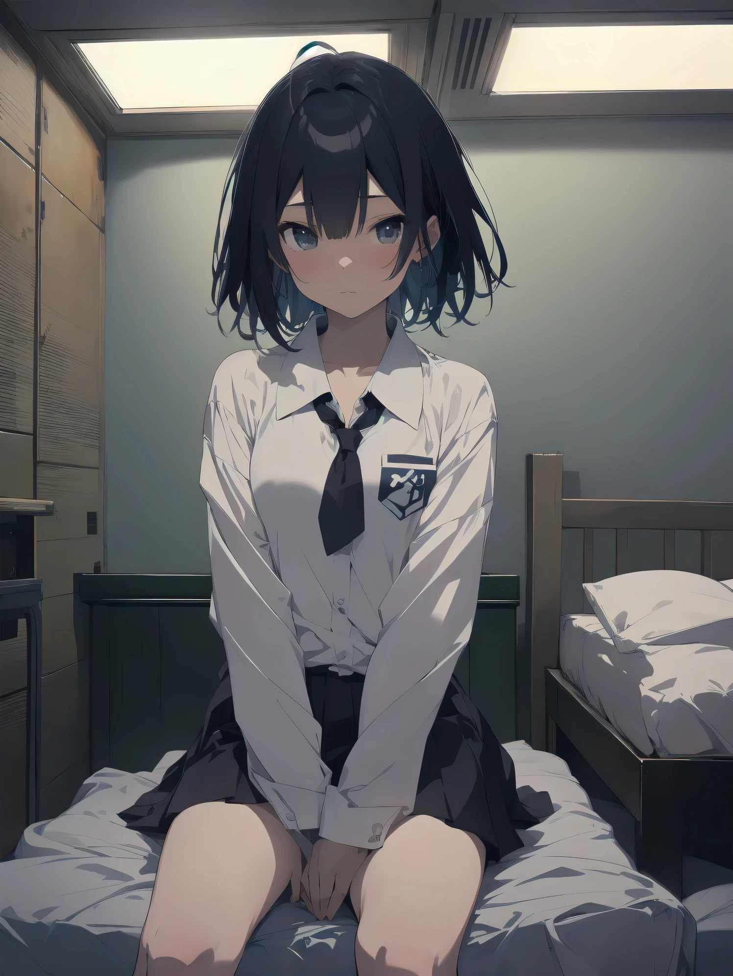 Girl resembling boyish boy in blue sneakers on bed、School uniform、Black spats、a miniskirt、Crying、shed tears