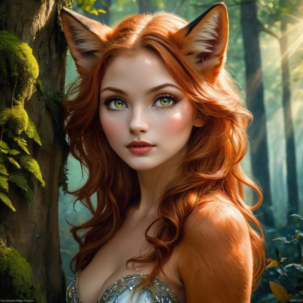high resolution,Ultra-detailed,La femme renard,Beautiful detailed eyes,Beautiful detailed lips,cheveux longs et flottants,peau de porcelaine impeccable,posture gracieuse,Supernatural beauty,Enchanted forest background,couleurs vives,doux soleil, Percer les arbres,mythical creature,esprit de la nature,motifs complexes sur sa fourrure,elegant and attractive look,expression douce et sage,portrait artistique,Works of&#39;art picturales,Style fantastique réaliste,Palette de couleurs douces et chaleureuses,ambiance de conte de fée,A subtle glow, éclairant les traits de son visage,Accents dorés scintillants,suspicion of&#39;une aura magique,fascinating and fascinating presence, NSFW
