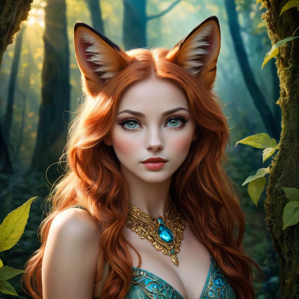 high resolution,Ultra-detailed,La femme renard,Beautiful detailed eyes,Beautiful detailed lips,cheveux longs et flottants,peau de porcelaine impeccable,posture gracieuse,Supernatural beauty,Enchanted forest background,couleurs vives,doux soleil, Percer les arbres,mythical creature,esprit de la nature,motifs complexes sur sa fourrure,elegant and attractive look,expression douce et sage,portrait artistique,Works of&#39;art picturales,Style fantastique réaliste,Palette de couleurs douces et chaleureuses,ambiance de conte de fée,A subtle glow, éclairant les traits de son visage,Accents dorés scintillants,suspicion of&#39;une aura magique,fascinating and fascinating presence, NSFW
