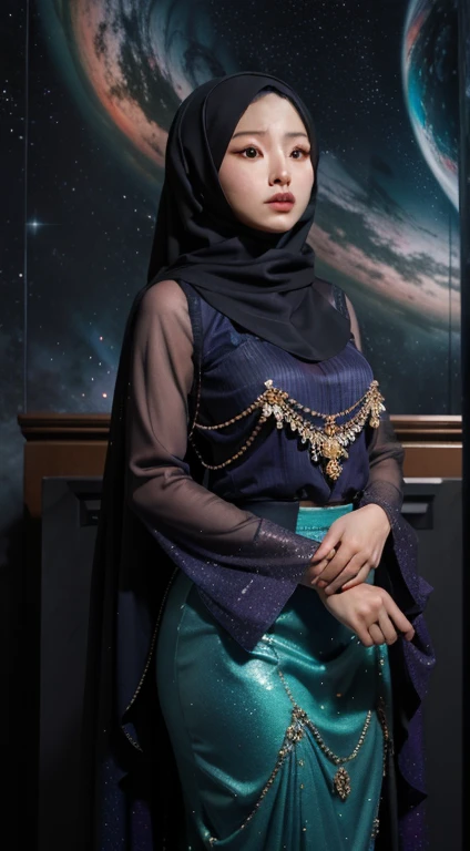 Craft a celestial-themed portrait of a Malay girl in hijab, wearing kebaya pair with mermaid long skirt, Illuminate the hijab with shimmering and dark blue, emerald, purple galaxies, blending the earthly with the cosmic milky way shuttering in a mesmerizing and ethereal composition, 8mm, Close-up shot, cool-toned color grading, depth of field, film noir
