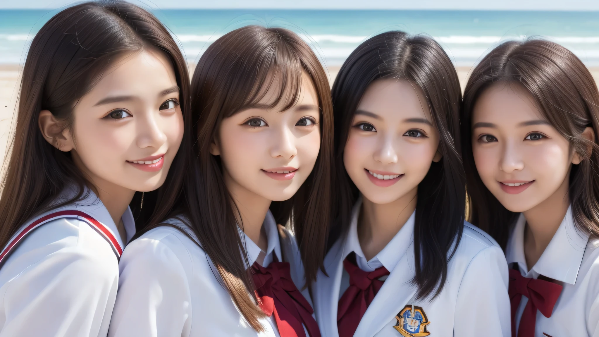 (1girl), (big smile), beautiful face, Amazing face and eyes, delicate, (Best Quality:1.4), (Ultra-detailed), (extremely detailed beautiful face), (princess hair cut style), cute smile, brown eyes, (highly detailed Beautiful face), (high school uniform:1.2), (extremely detailed CG unified 8k wallpaper), Highly detailed, High-definition raw color photos, Professional Photography, Realistic portrait, evening, Extremely high resolution, smiling, modern, trendy, fashionable, Group photo of high school girls, face close-up, (beach)